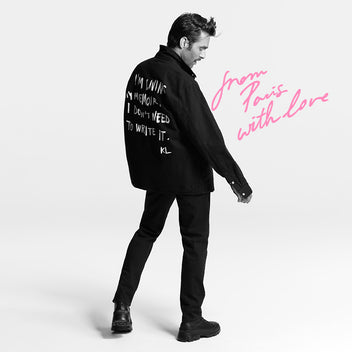 Man wearing a black jacket with text on the back, standing against a white background with 'From Paris with Love' text.